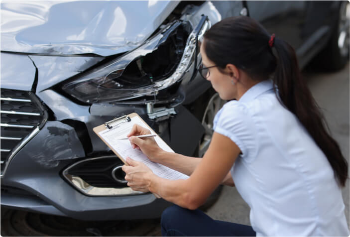Insurance representative noting damages on a vehicle