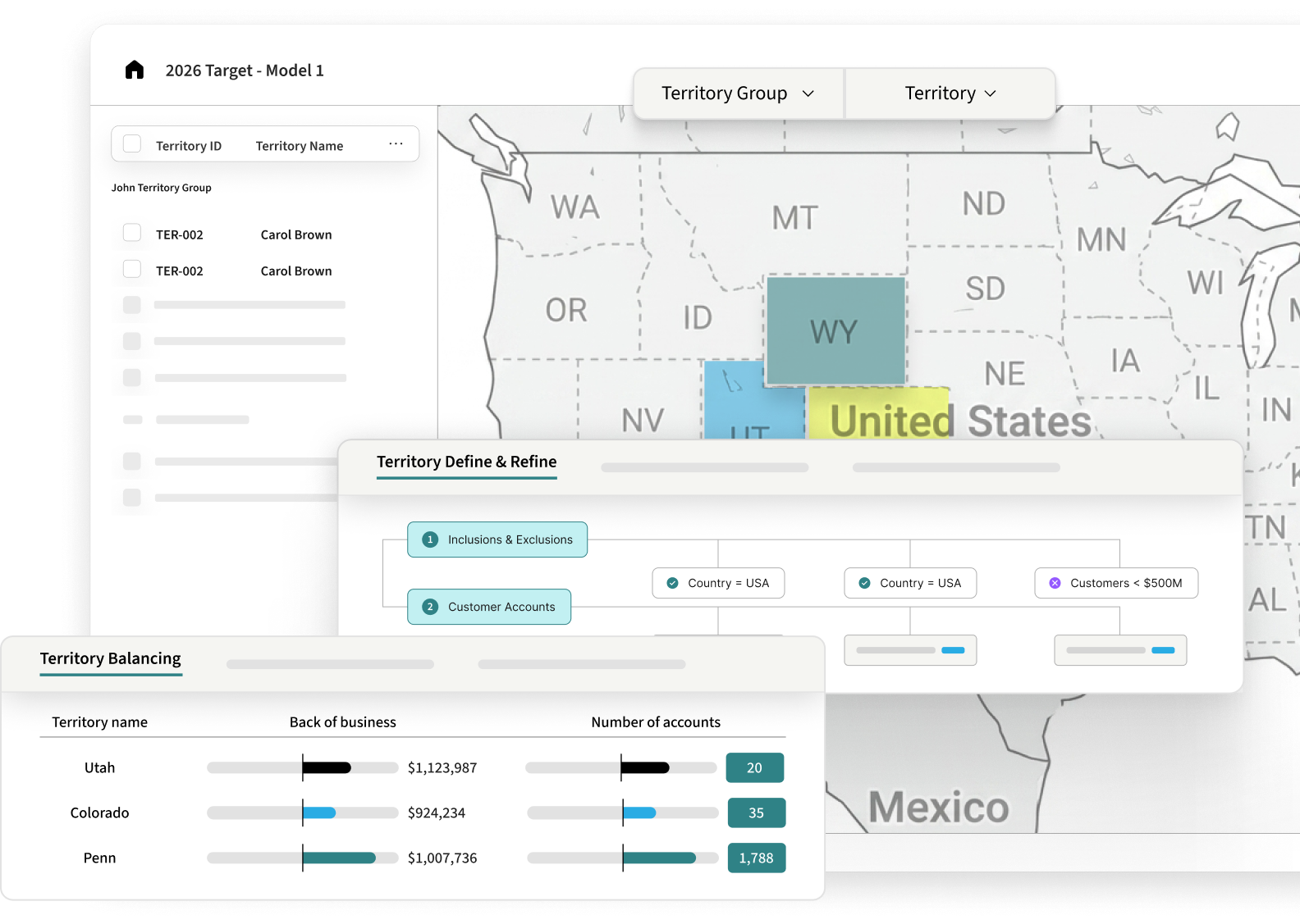 Territory planning dashboard screenshot showing a U.S. sales map with territory groups, define and refine rules, and territory balancing metrics