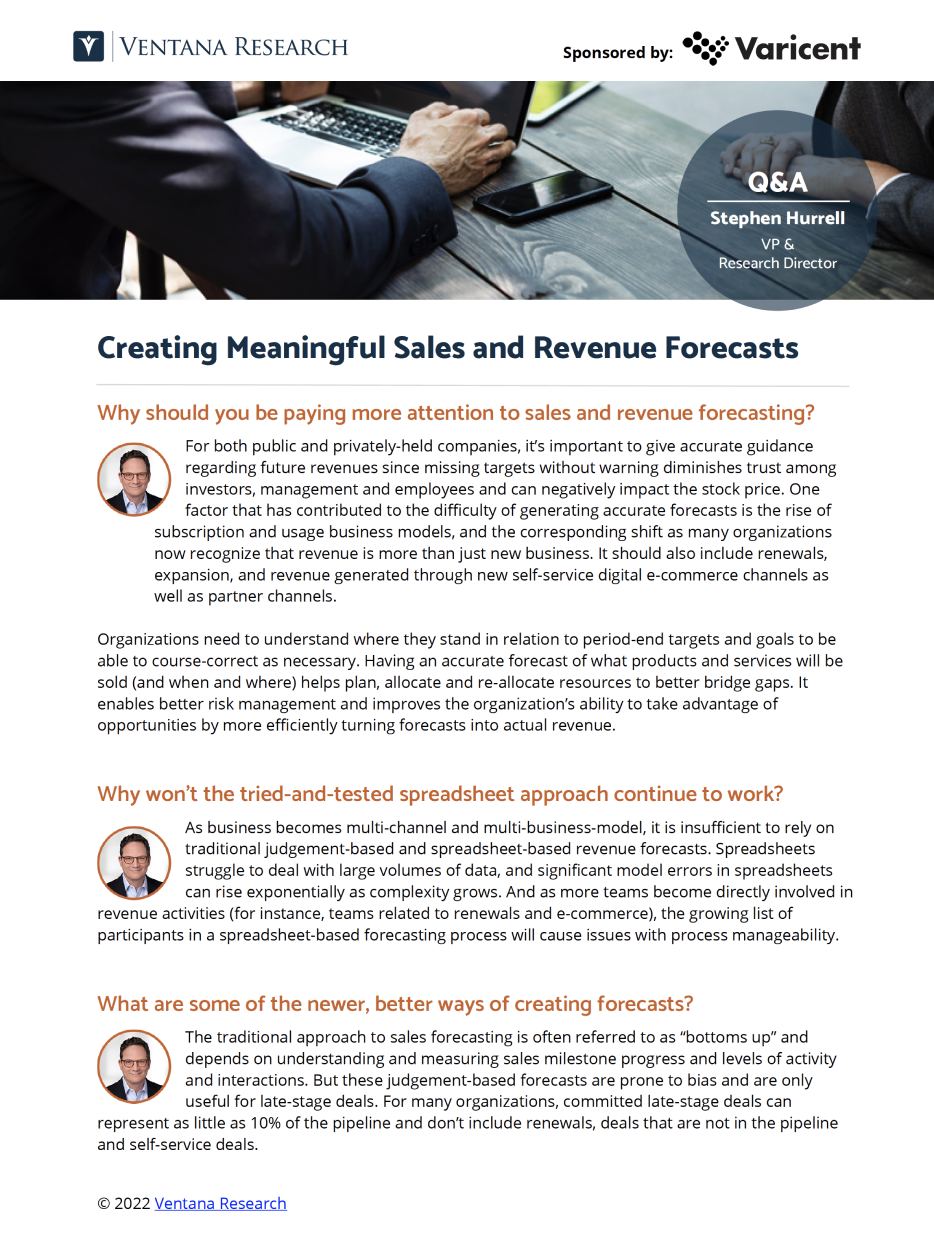 Forecasting is changing. Learn what's new for sales and revenue forecasting so you can create meaningful revenue projections. Read this Ventana Research Q&A today!