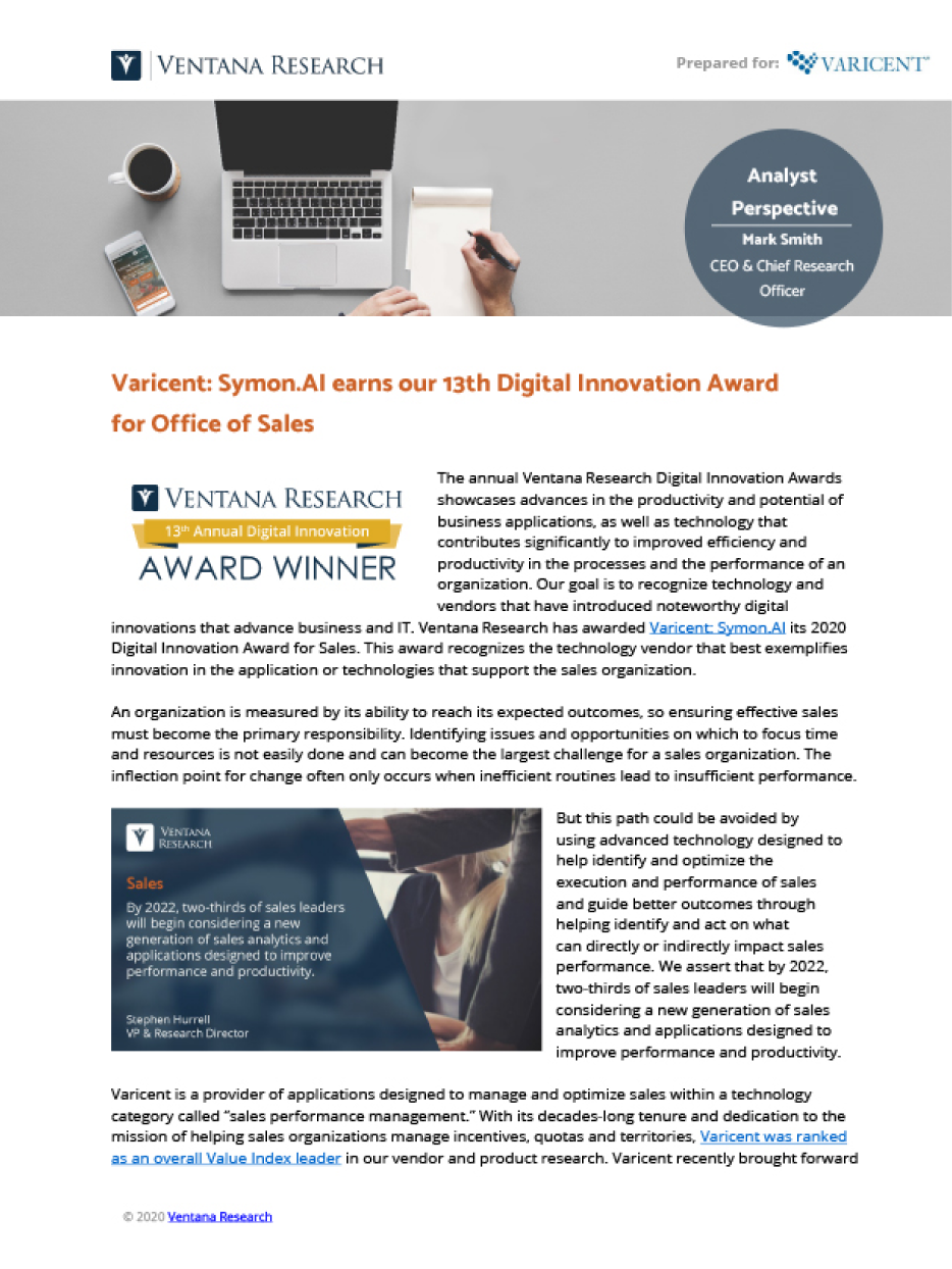 Symon.AI earns Ventana’s 13th Digital Innovation Award for Office of Sales