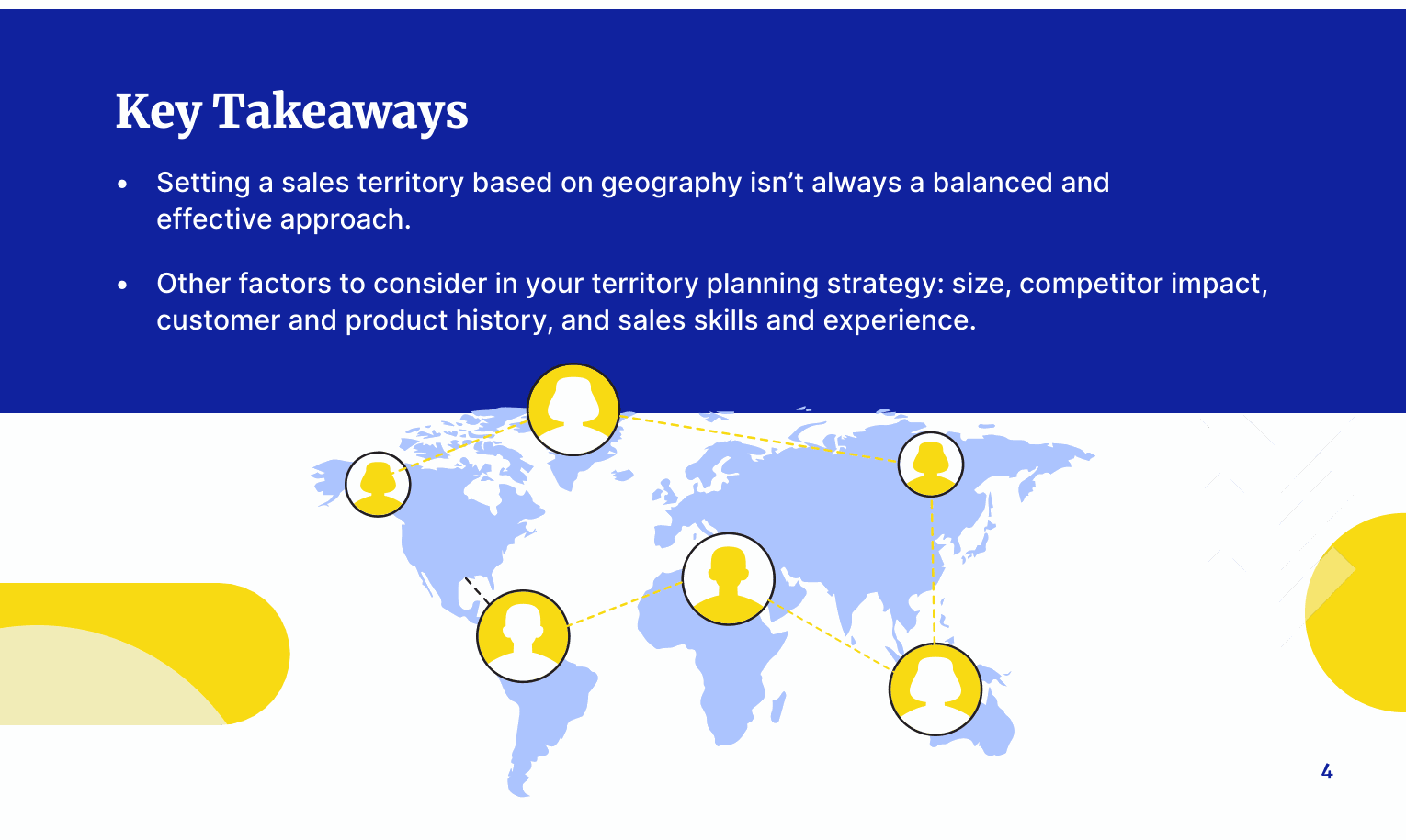Key Takeaways - Setting a sales territory based on geography isn't always a balanced and effective approach and other factors to consider in your territory planning strategy, size compeitor impact, customer and product history, and sales skills and experience.